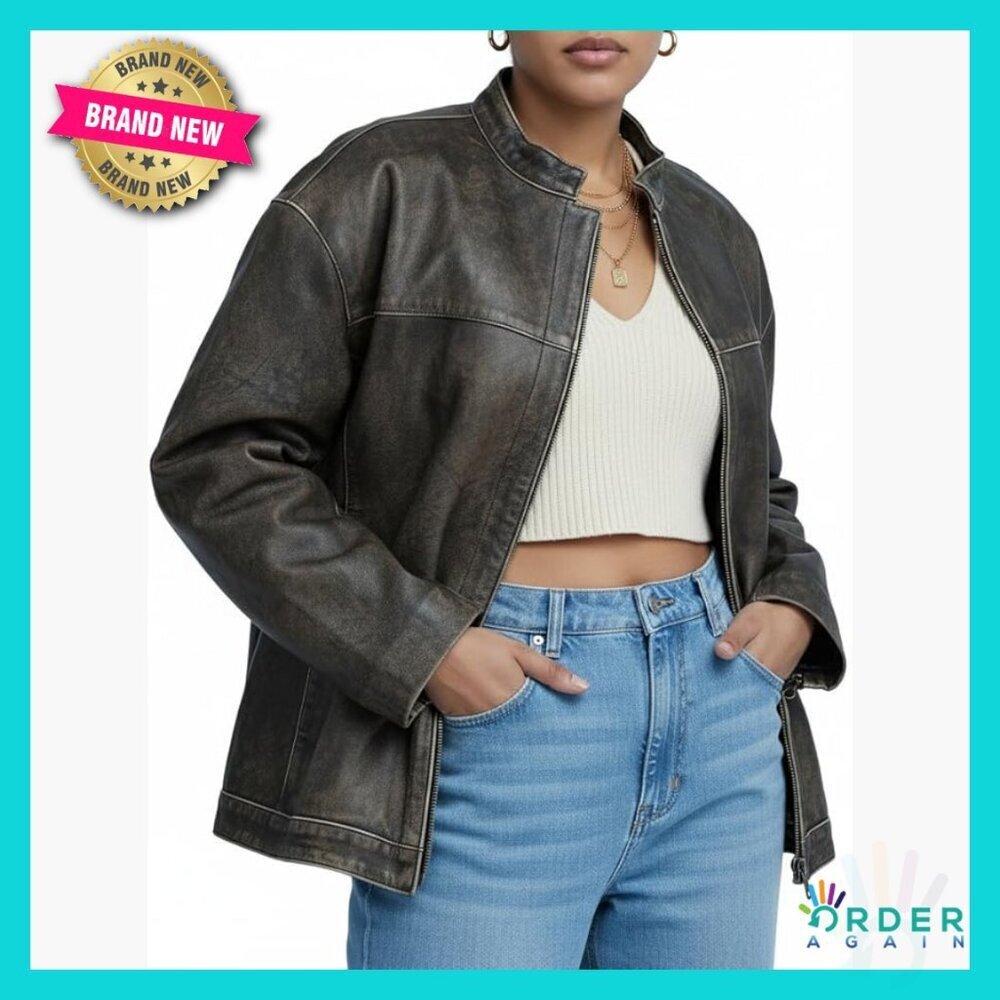 Oversized Lambskin Leather Bomber Jacket Vintage Distressed Drop Shoulder Zip